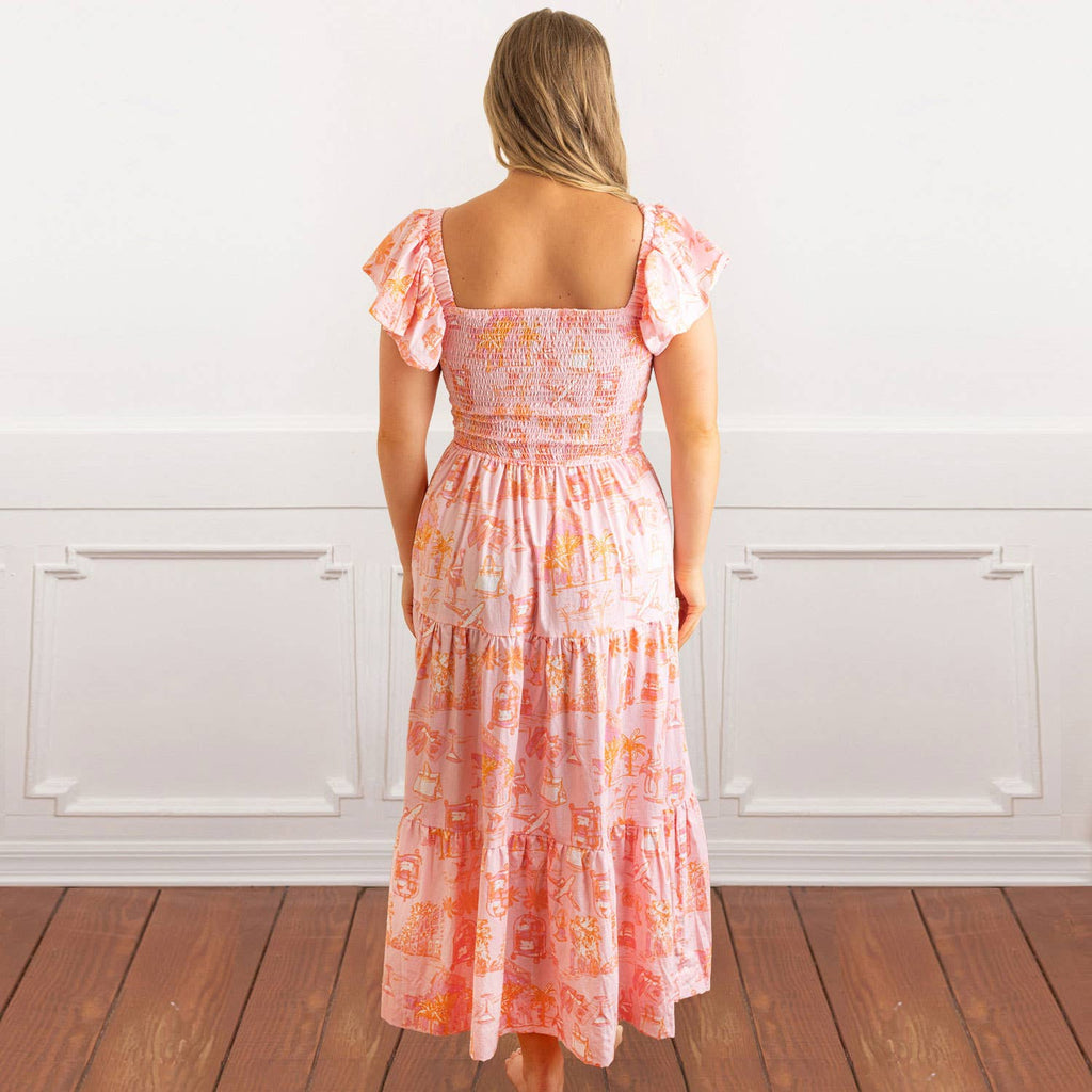 Sunset Toile Smocked Flutter Sleeve Dress