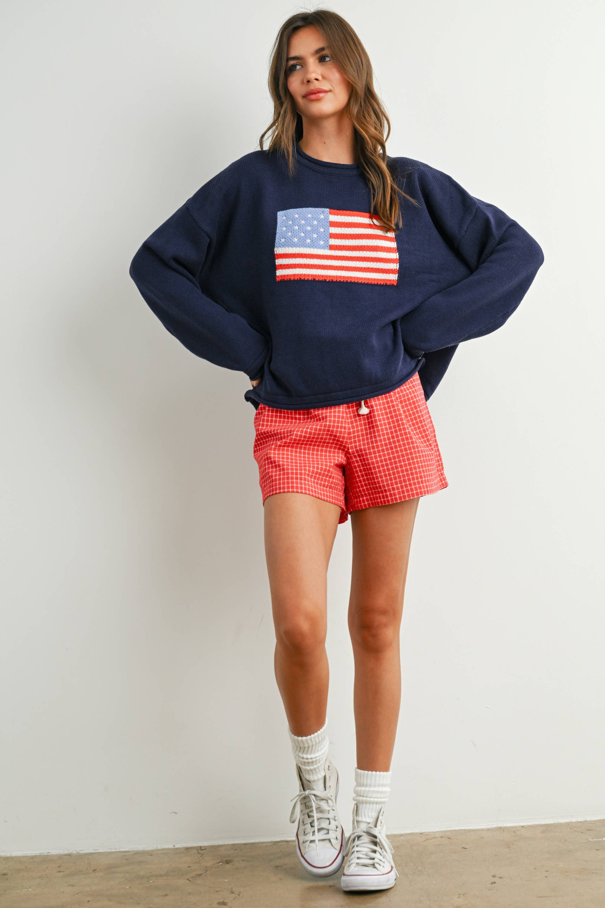 Graphic Knit Long Sleeve American flag sweater