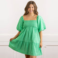 Green Eyelet Puff Sleeve Smocked Dress
