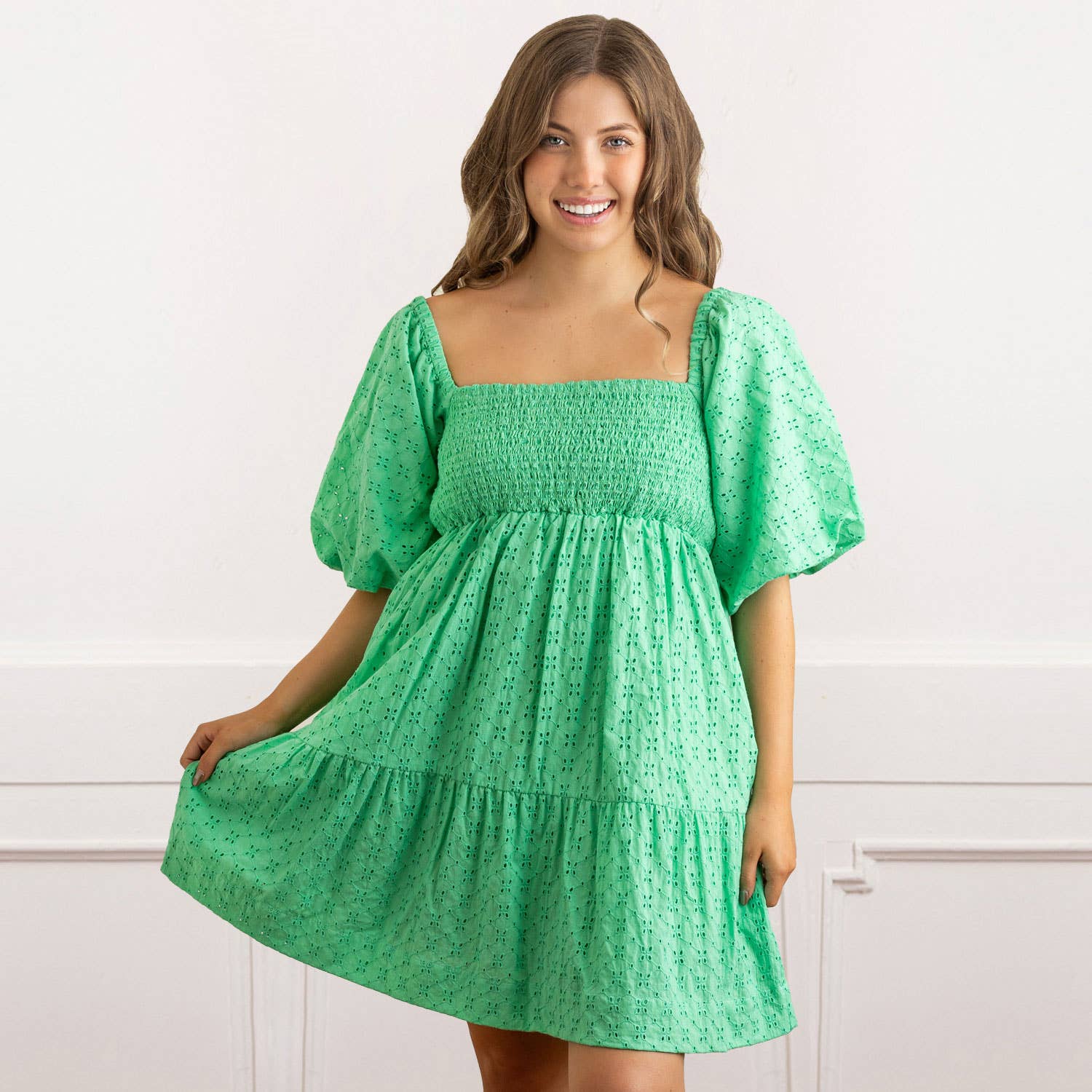 Green Eyelet Puff Sleeve Smocked Dress