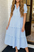 Stripe Bubble Tiered Scallop Long Dress