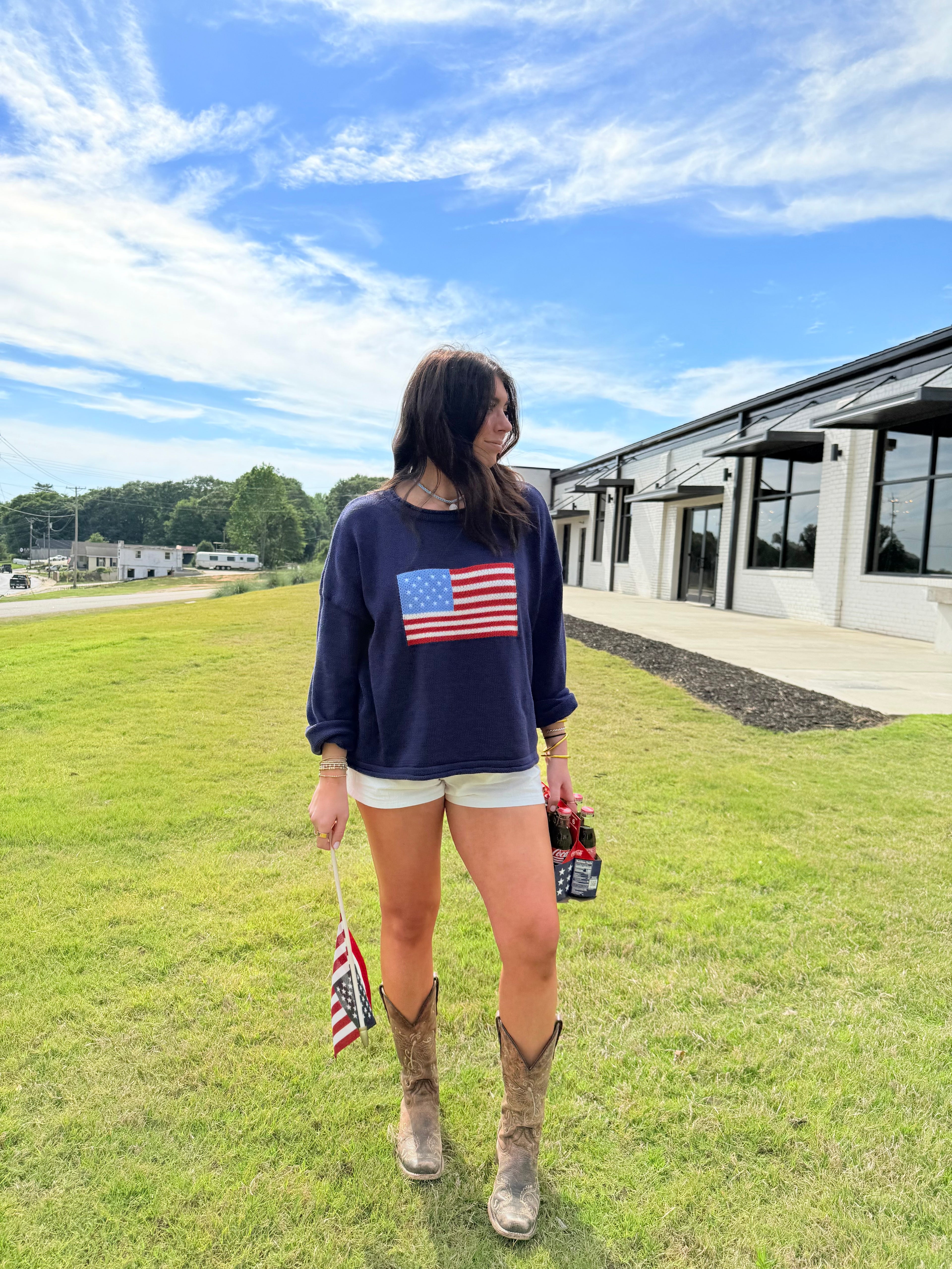 Graphic Knit Long Sleeve American flag sweater