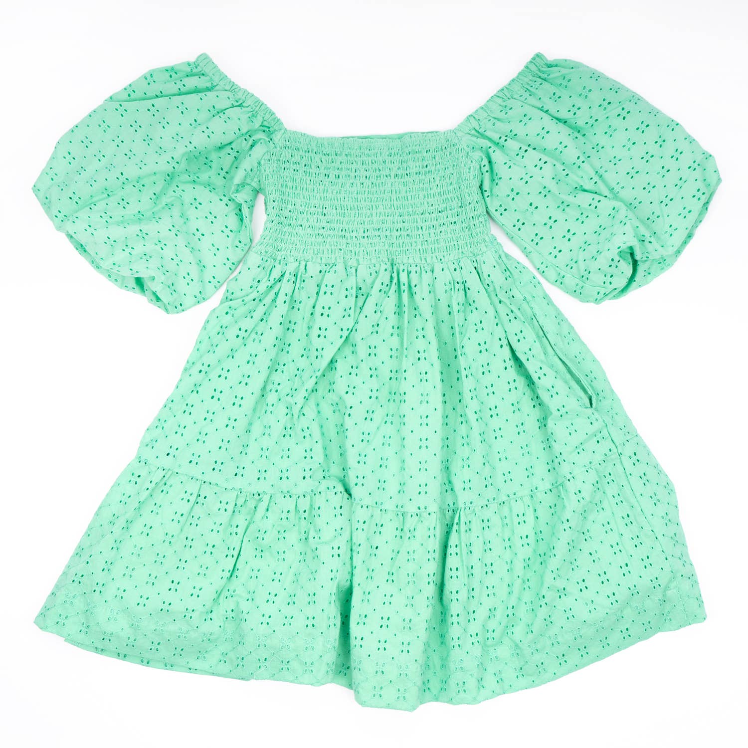 Green Eyelet Puff Sleeve Smocked Dress