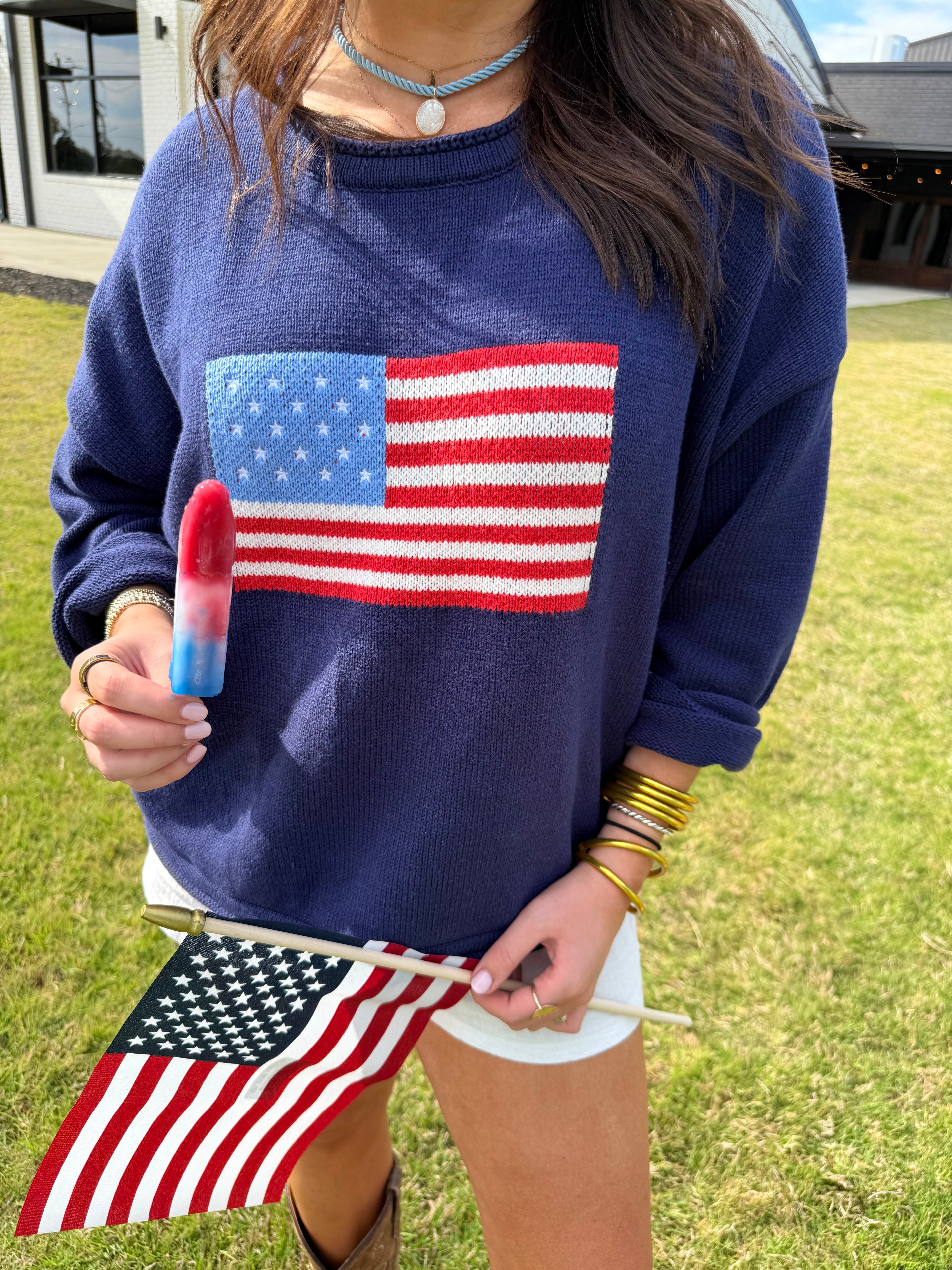 Graphic Knit Long Sleeve American flag sweater