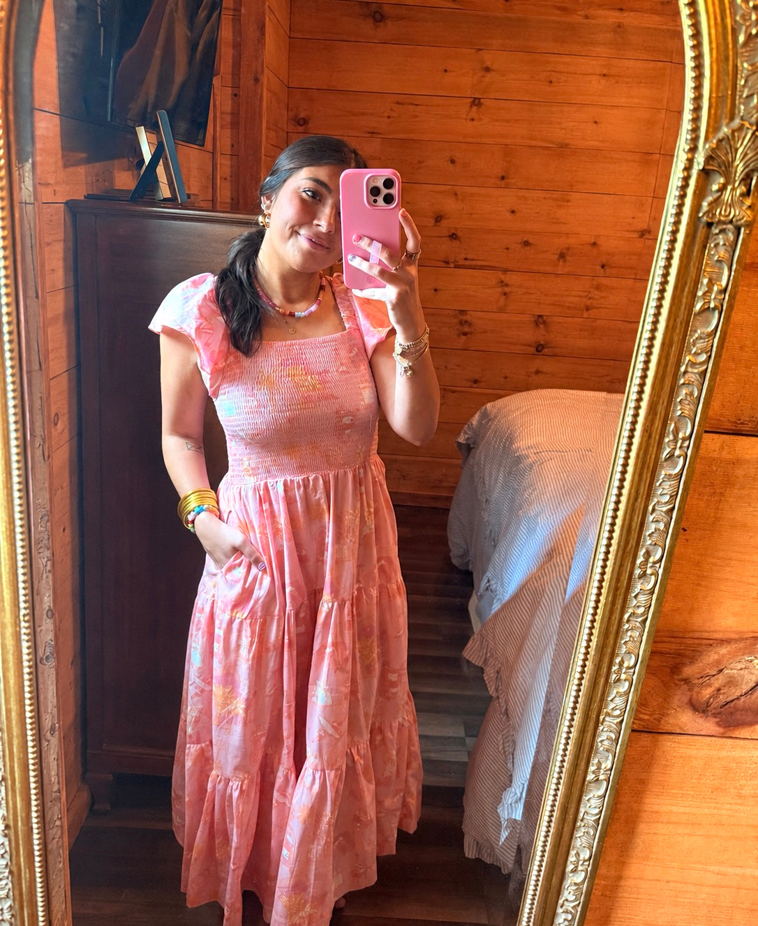 Sunset Toile Smocked Flutter Sleeve Dress