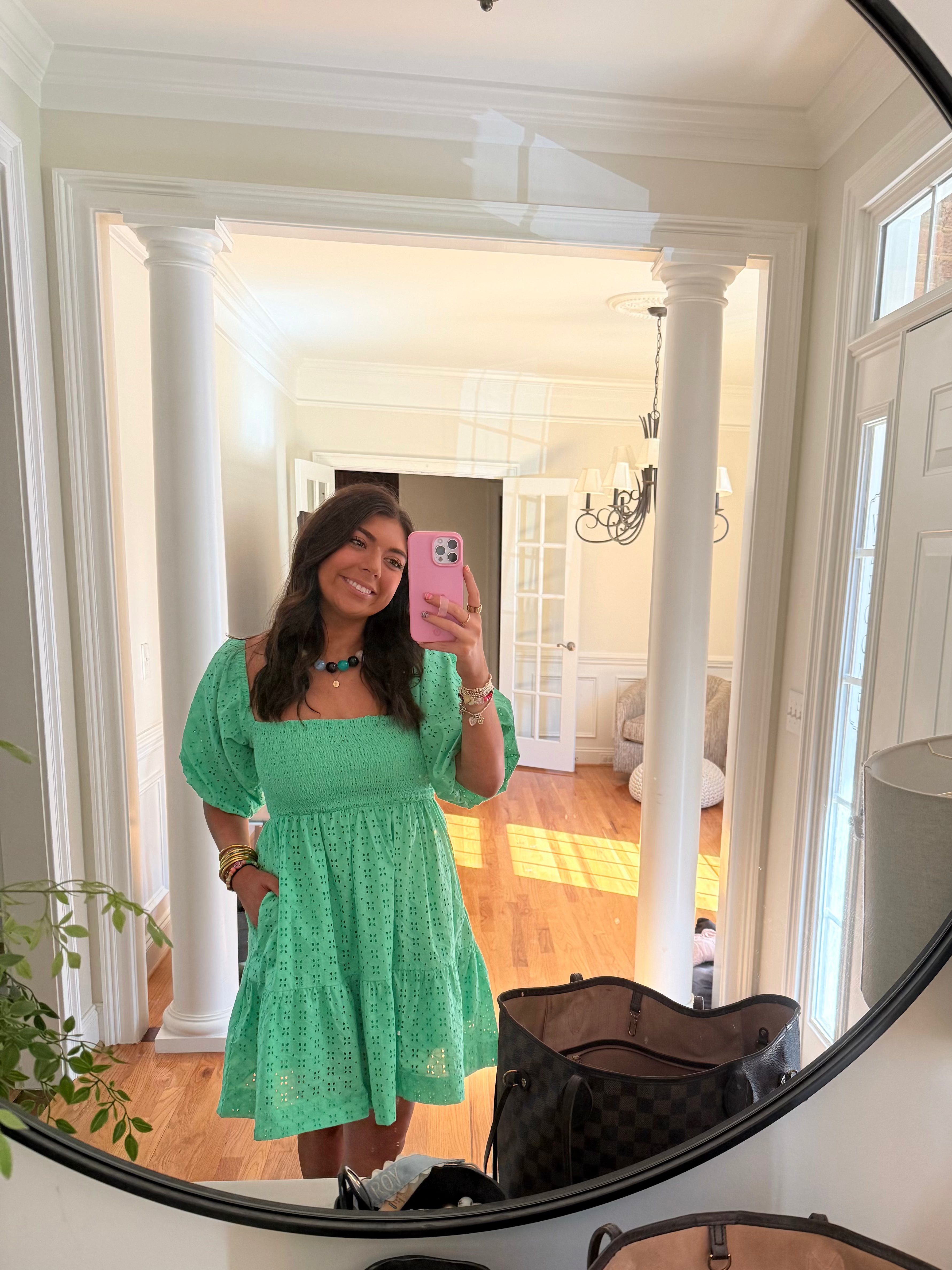 Green Eyelet Puff Sleeve Smocked Dress