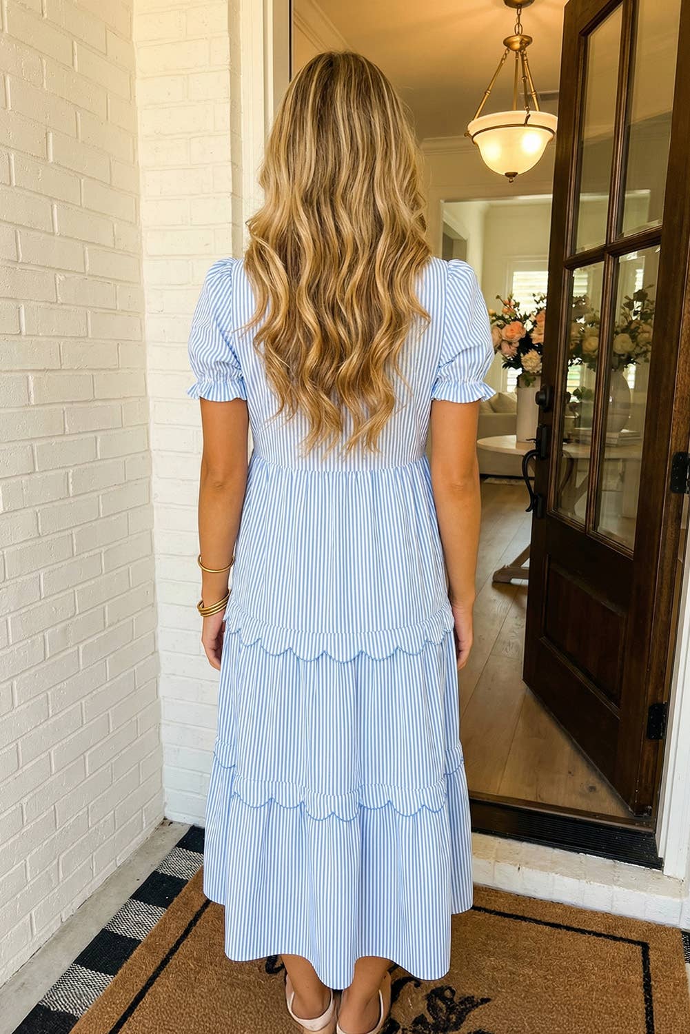 Stripe Bubble Tiered Scallop Long Dress